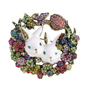 Colorful Rhinestone Bunny Wreath Brooch – Gold Tone Rabbit Pin.